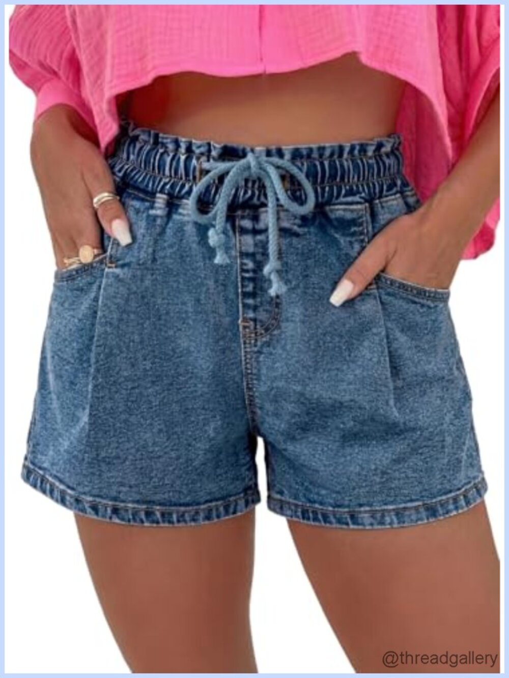 Women High Waisted Denim Shorts Washed-Out Effect Drawstring Pockets